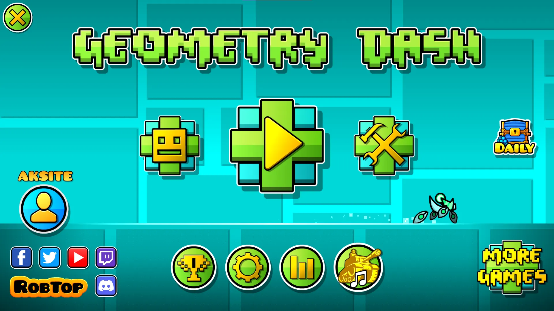 Geometry Dash main menu screenshot with play button and neon game interface